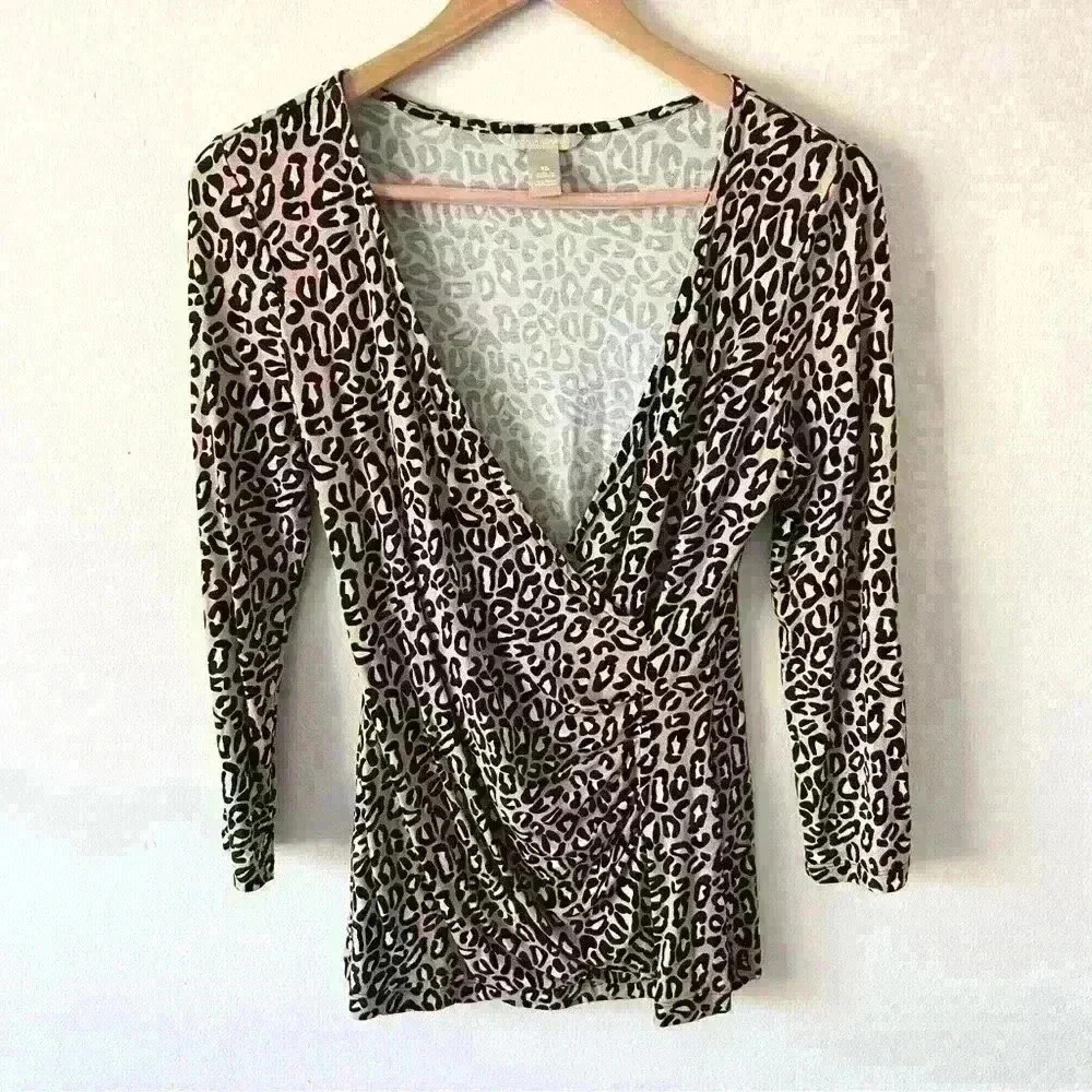 Banana Republic XS Womens Animal Print Wrap Front Stretch Shirt Top 3/4 Sleeve
